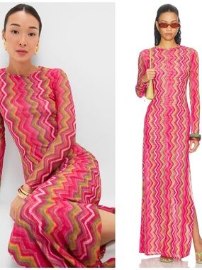 NWT Eywasouls Malibu Electric Wave Pink Scarlet Maxi Long Sleeve Dress Size M